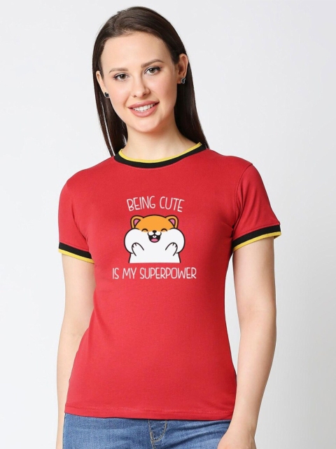 

Bewakoof Women Red Printed Pure Cotton Slim Fit T-shirt