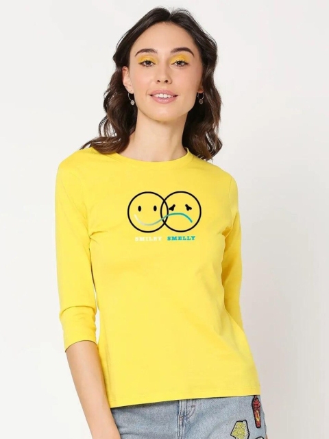 

Bewakoof Women Yellow Printed Pure Cotton Slim Fit T-shirt
