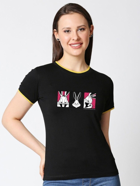 

Bewakoof Women Black Printed Pure Cotton Slim Fit T-shirt