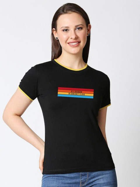 

Bewakoof Women Black Typography Printed Pure Cotton Slim Fit T-shirt