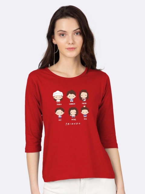 

Bewakoof Women Red Printed Drop-Shoulder Sleeves Pure Cotton Slim Fit T-shirt