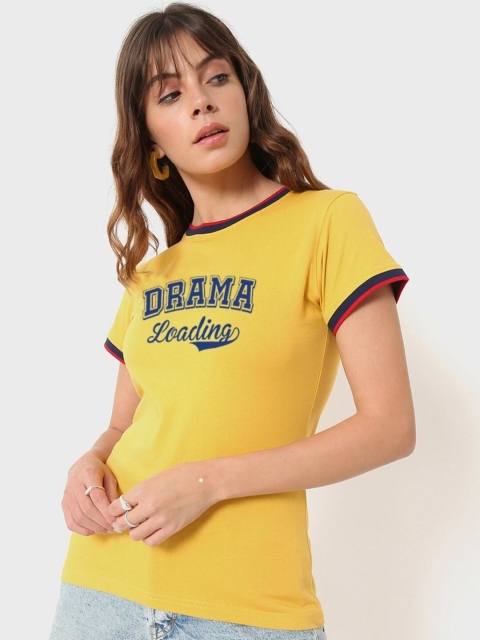 

Bewakoof Women Yellow Typography Printed Pure Cotton T-shirt