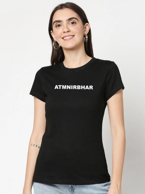 

Bewakoof Women Black Typography Printed Pure Cotton Slim Fit T-shirt