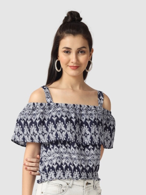 

The Label Bar Women Blue Floral Print Crepe Bardot Top, Navy blue