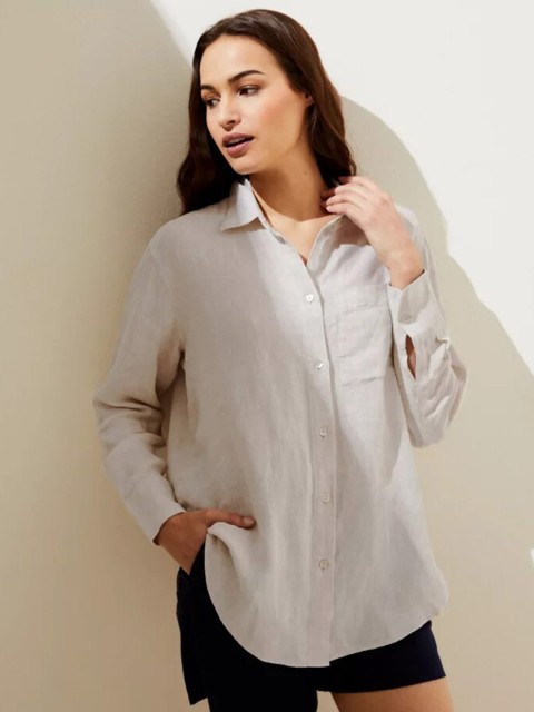 

Marks & Spencer Women Grey Relaxed Linen Shirt