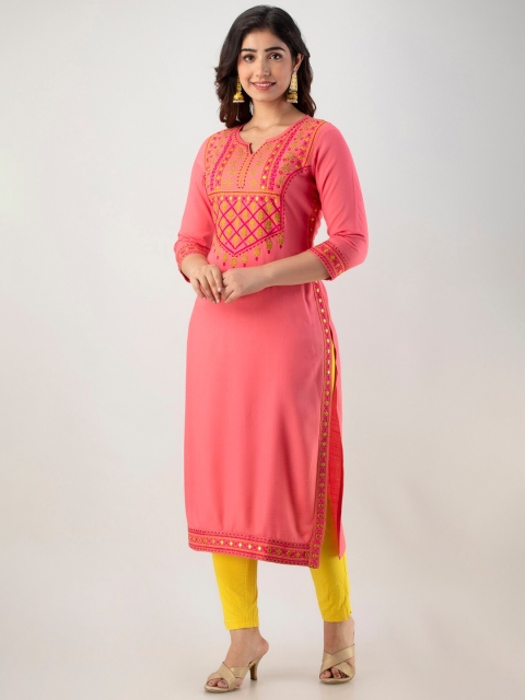 

FASHION DEPTH Women Pink Geometric Yoke Design Thread Work Kurta