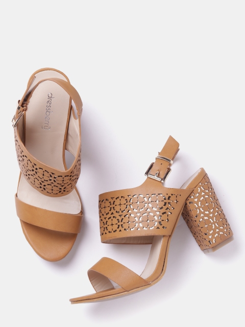 

DressBerry Women Tan Brown Cut-Out Block Heels