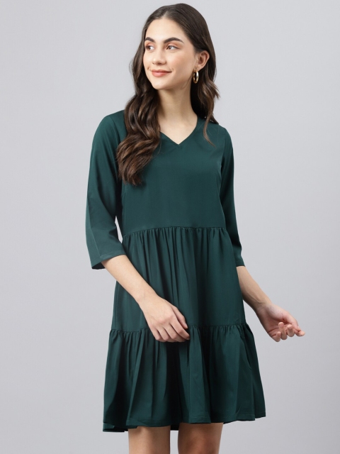 

DEEBACO Women Green Solid V-Neck Fit & Flare Dress