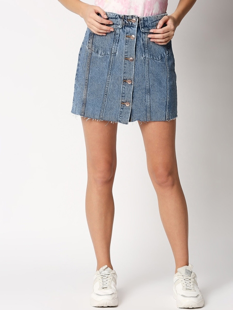 

LOVEGEN Women Blue Washed Front Slit Denim Mini Skirts