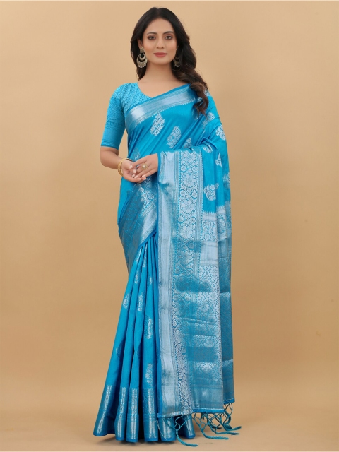 

LINARO LIFESTYLES Blue & Silver-Toned Floral Zari Silk Cotton Banarasi Saree