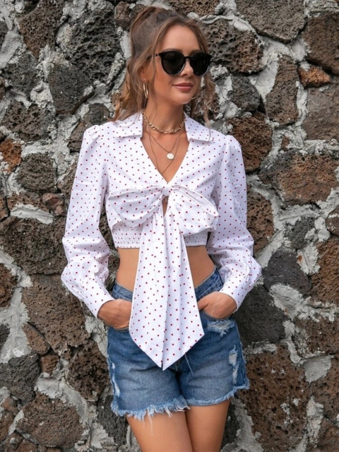 

MERCHE Women White & Red Polka Dot Crop Top