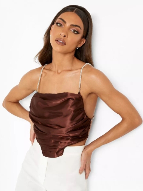 

MERCHE Brown Embellished Strap Back Crop Top
