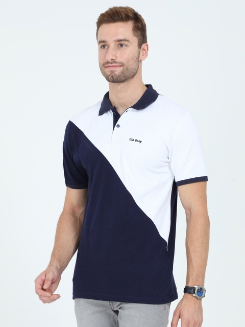 

Old Grey Men Navy Blue & White Colourblocked Polo Collar Slim Fit T-shirt