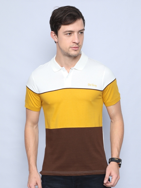 

Old Grey Men White & Yellow Colourblocked Polo Collar Slim Fit T-shirt