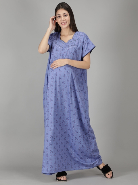 

NIGHTSPREE Women Blue Printed Cotton Maternity Maxi Nightdress