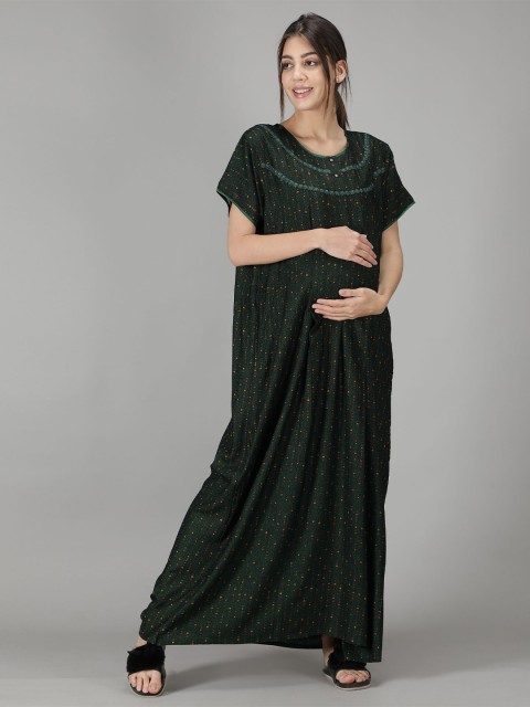

NIGHTSPREE Women Green Printed Cotton Maternity Maxi Nightdress
