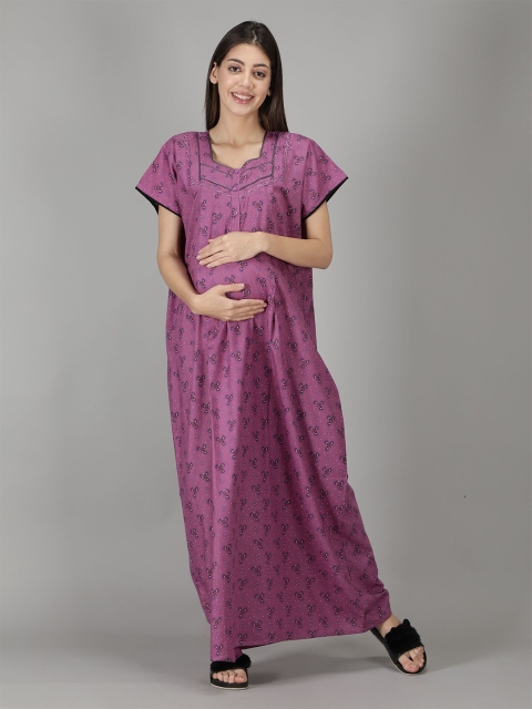 

NIGHTSPREE Women Purple Printed Cotton Maternity Maxi Nightdress