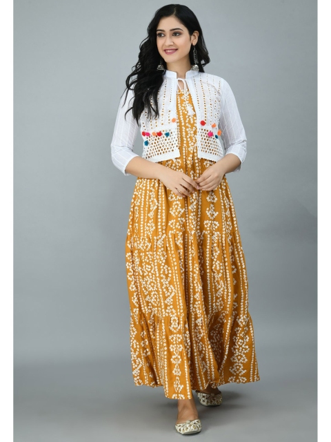 

Queenswear Creation Women Mustard Yellow & White Ethnic Motifs Printed Anarkali Kurta