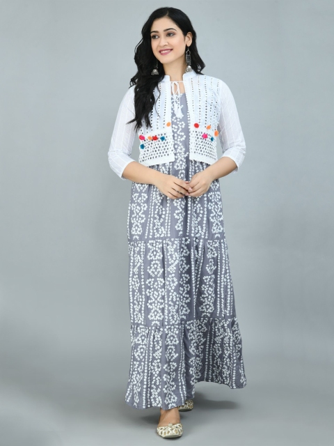 

Queenswear Creation women Grey & White Bandhani Printed Anarkali Kurti