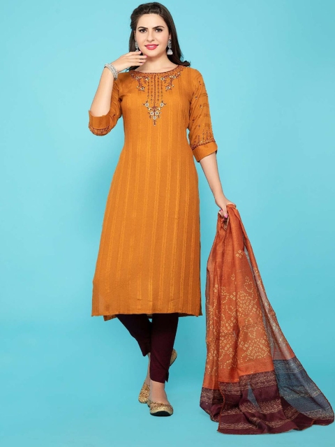 

POONAM DESIGNER Women Mustard Floral Yoke Design Pure Cotton Kurta with Trousers & Dupatta