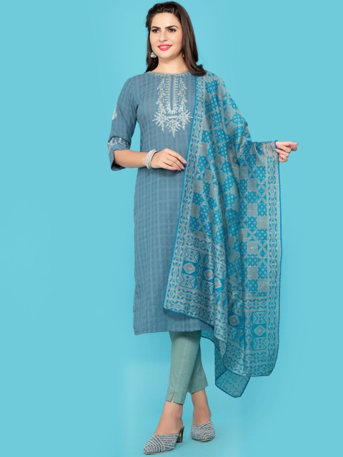 

POONAM DESIGNER Women Blue Ethnic Motifs Embroidered Pure Cotton Kurta with Trousers & With Dupatta