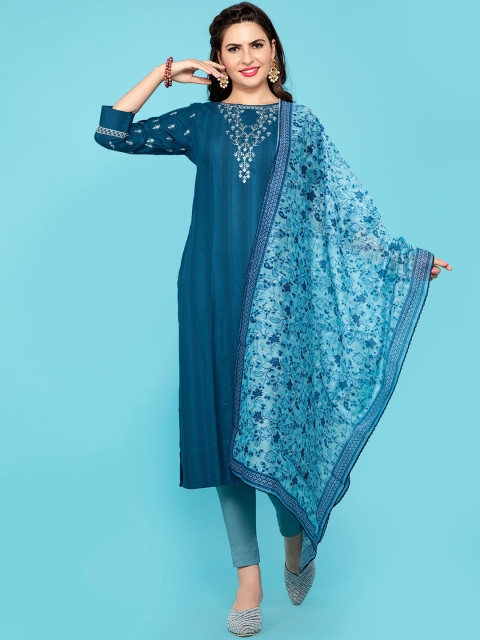 

POONAM DESIGNER Women Teal Yoke Design Pure Cotton Kurti with Trousers & Dupatta