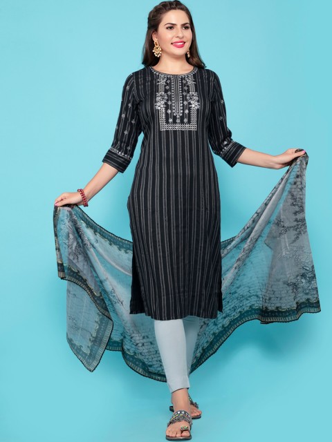 

POONAM DESIGNER Women Black Striped Pure Cotton Kurta Trousers & Dupatta Plus Size