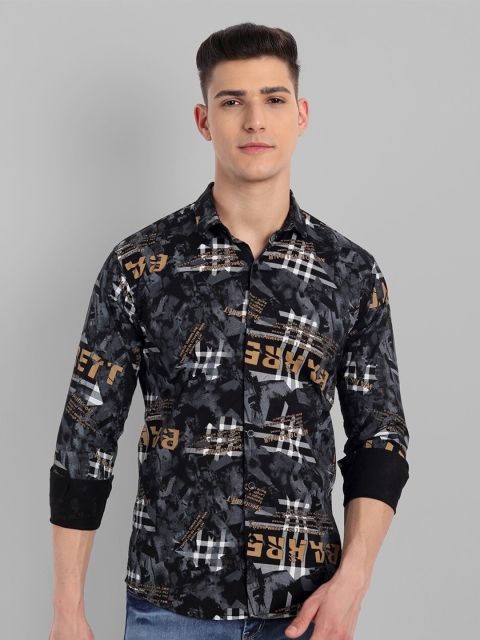 

Majestic Man Men Black Slim Fit Printed Pure Cotton Casual Shirt