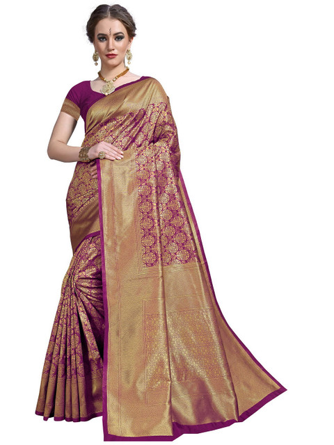 

SARIYA Magenta & Gold-Toned Floral Zari Silk Blend Banarasi Saree