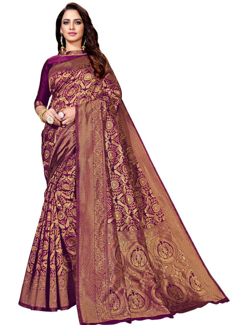 

SARIYA Magenta & Gold-Toned Floral Zari Silk Blend Banarasi Saree