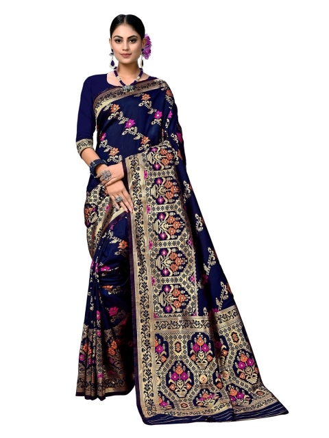 

SARIYA Navy Blue & Gold-Toned Floral Zari Silk Blend Banarasi Saree
