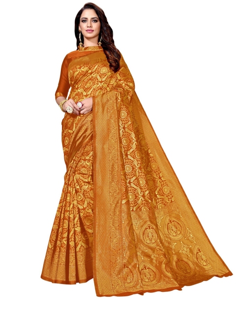 

SARIYA Rust & Gold-Toned Floral Zari Silk Blend Banarasi Saree
