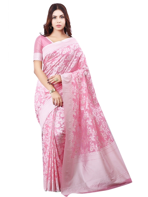 

SARIYA Pink & Silver-Toned Floral Zari Silk Blend Banarasi Saree