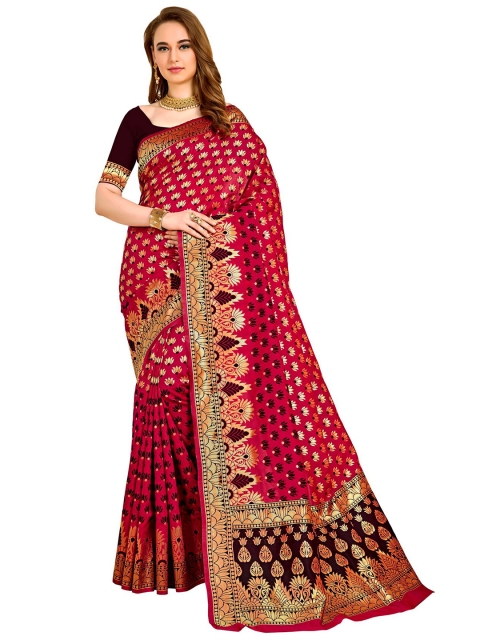 

SARIYA Pink & Gold-Toned Floral Zari Silk Blend Banarasi Saree