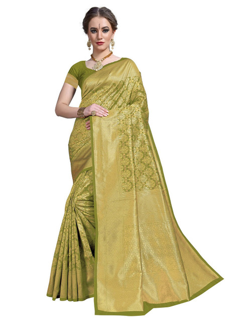 

SARIYA Green & Gold-Toned Floral Zari Silk Blend Banarasi Saree