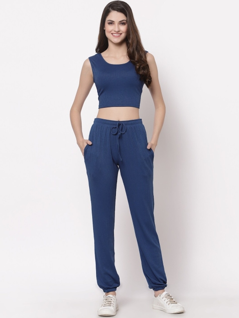 

ASEELO Women Turquoise Blue Solid Sleeveless Crop Top with Long Pants Set