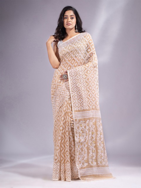 

Charukriti White & Brown Woven Design Silk Cotton Jamdani Saree