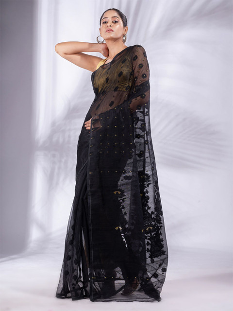 

Charukriti Black Floral Silk Cotton Jamdani Saree