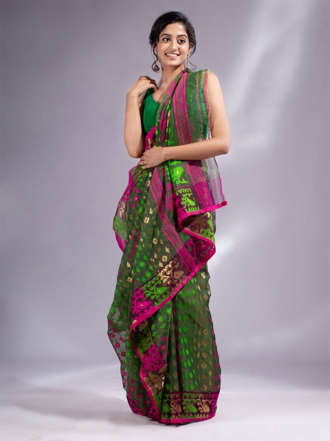 

Charukriti Women Green & Pink Woven Design Silk Cotton Jamdani Saree