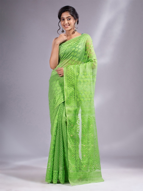 

Charukriti Women Green Woven Design Silk Cotton Jamdani Saree