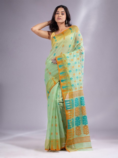 

Charukriti Green & Orange Floral Silk Cotton Jamdani Saree