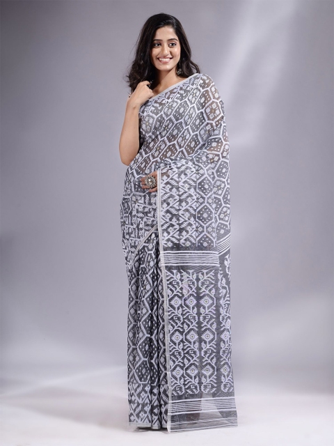 

Charukriti Grey & White Floral Silk Cotton Jamdani Saree