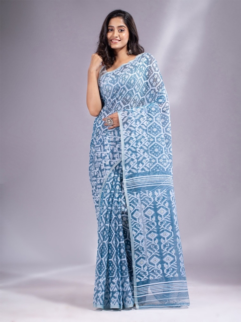 

Charukriti White & Blue Woven Design Silk Cotton Jamdani Saree