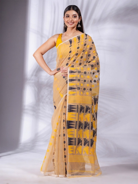 

Charukriti Beige & Yellow Woven Design Silk Cotton Jamdani Saree