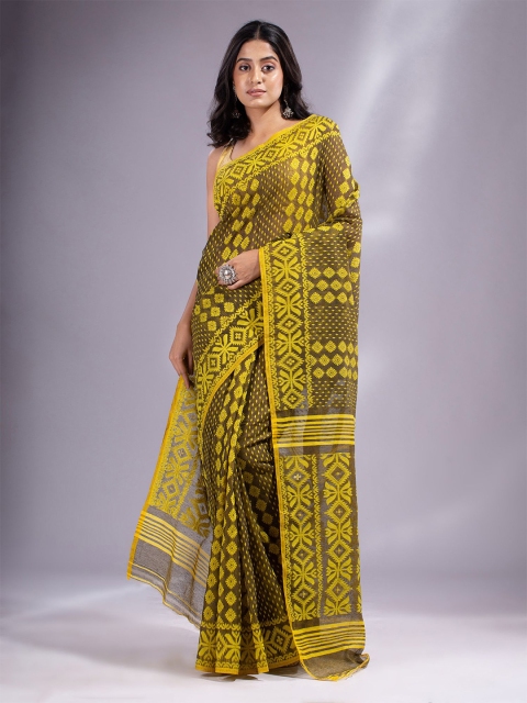 

Charukriti Brown & Yellow Woven Design Silk Cotton Jamdani Saree
