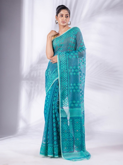 

Charukriti Blue & Silver-Toned Woven Design Silk Cotton Jamdani Saree