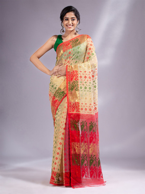 

Charukriti Off White & Green Woven Design Silk Cotton Jamdani Saree