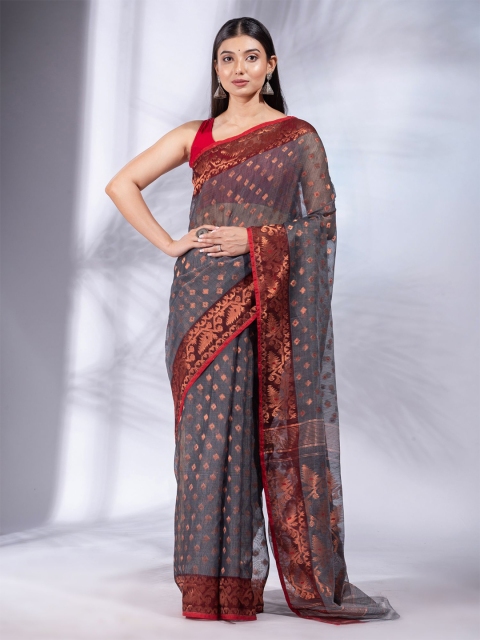 

Charukriti Grey & Gold-Toned Woven Design Zari Silk Cotton Jamdani Saree