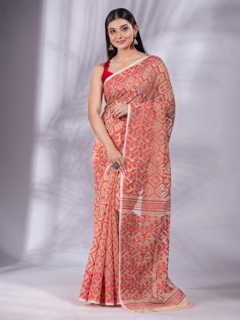 

Charukriti Off White & Red Woven Design Silk Cotton Jamdani Saree