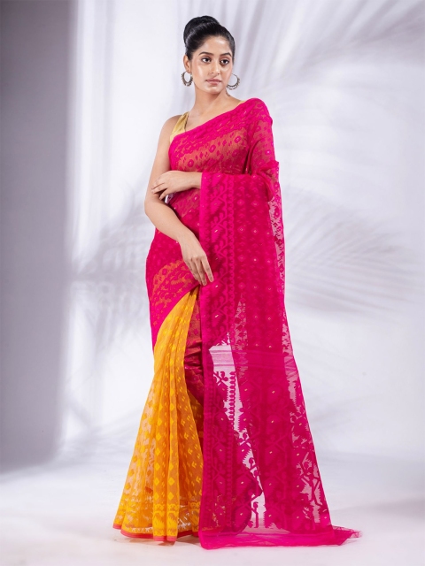 

Charukriti Women Fuchsia & Yellow Woven Design Silk Cotton Jamdani Saree